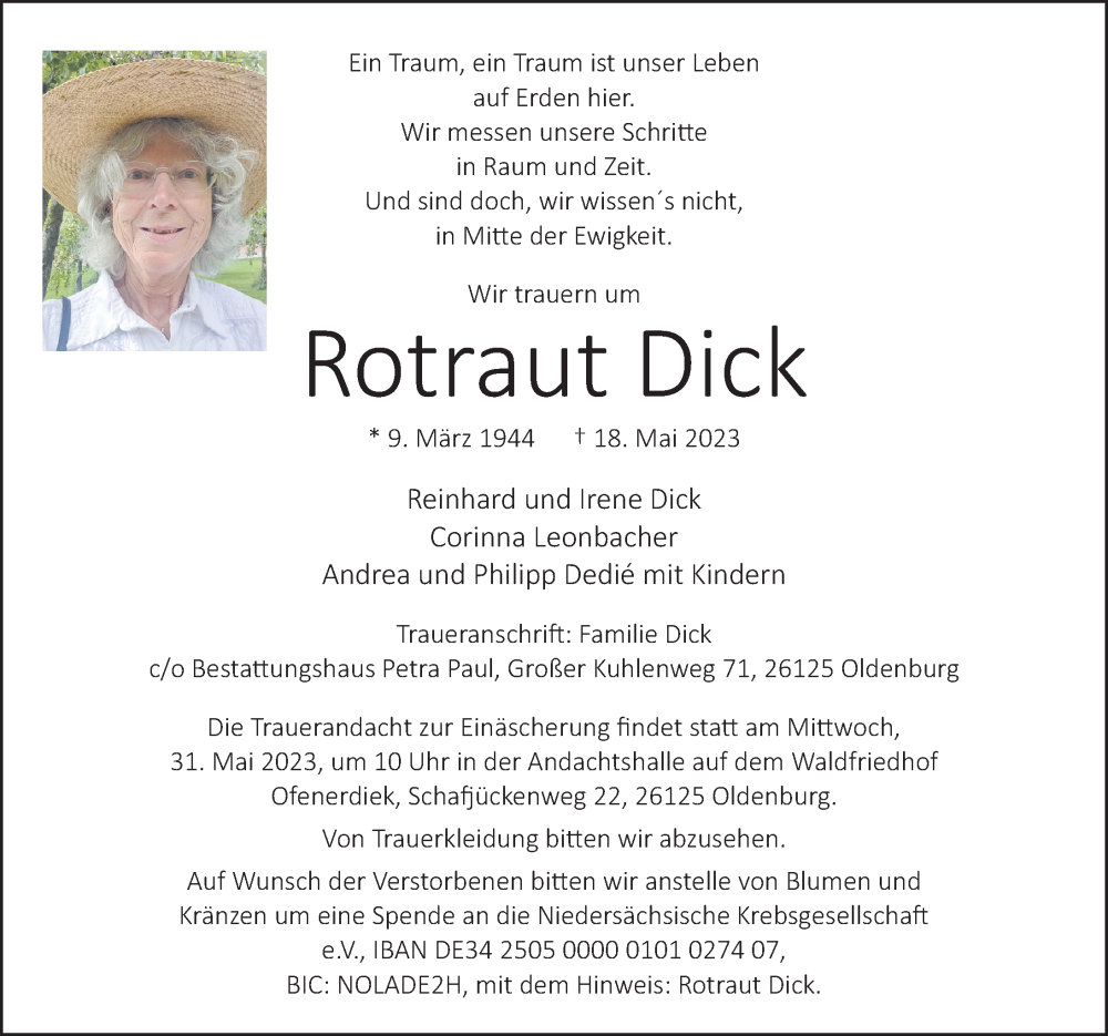  Traueranzeige für Rotraut Dick vom 25.05.2023 aus Hannoversche Allgemeine Zeitung/Neue Presse