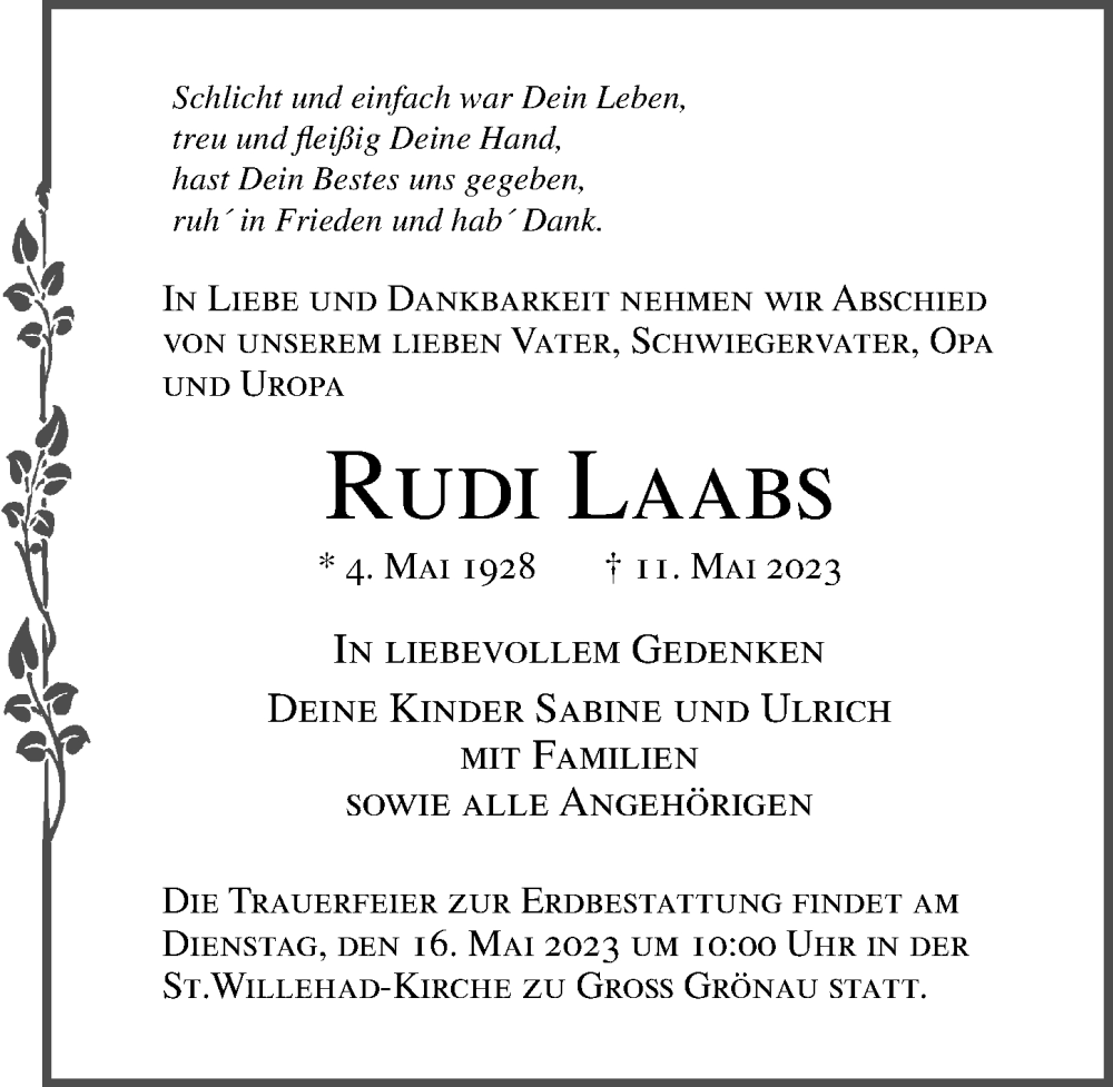  Traueranzeige für Rudi Laabs vom 14.05.2023 aus Lübecker Nachrichten