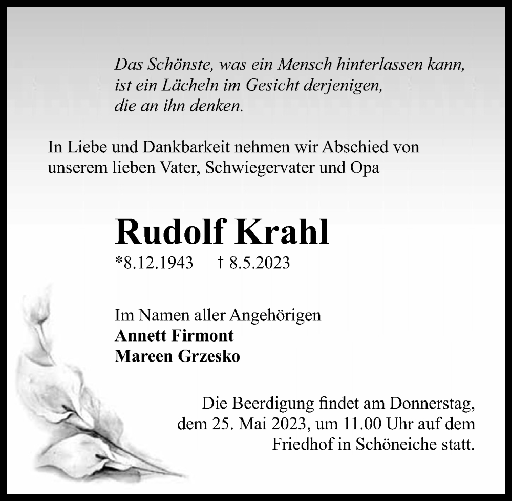  Traueranzeige für Rudolf Krahl vom 20.05.2023 aus Märkischen Allgemeine Zeitung