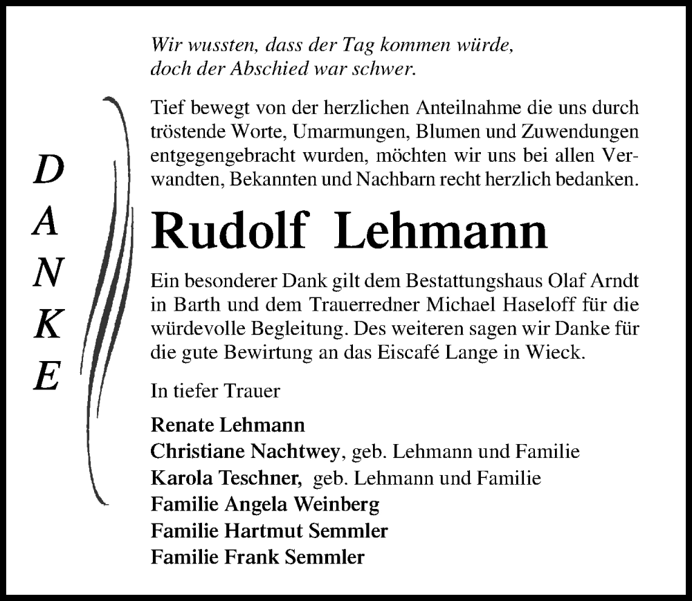  Traueranzeige für Rudolf Lehmann vom 13.05.2023 aus Ostsee-Zeitung GmbH