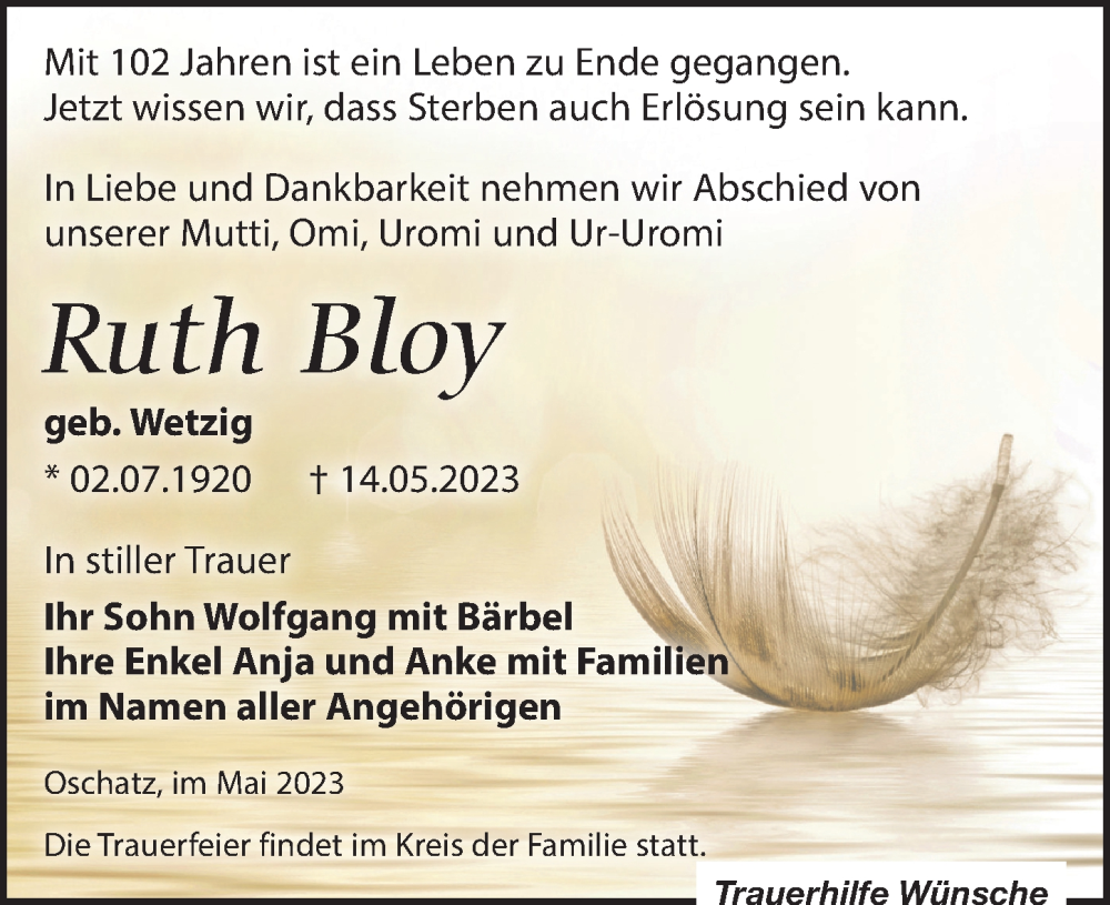  Traueranzeige für Ruth Bloy vom 20.05.2023 aus Leipziger Volkszeitung