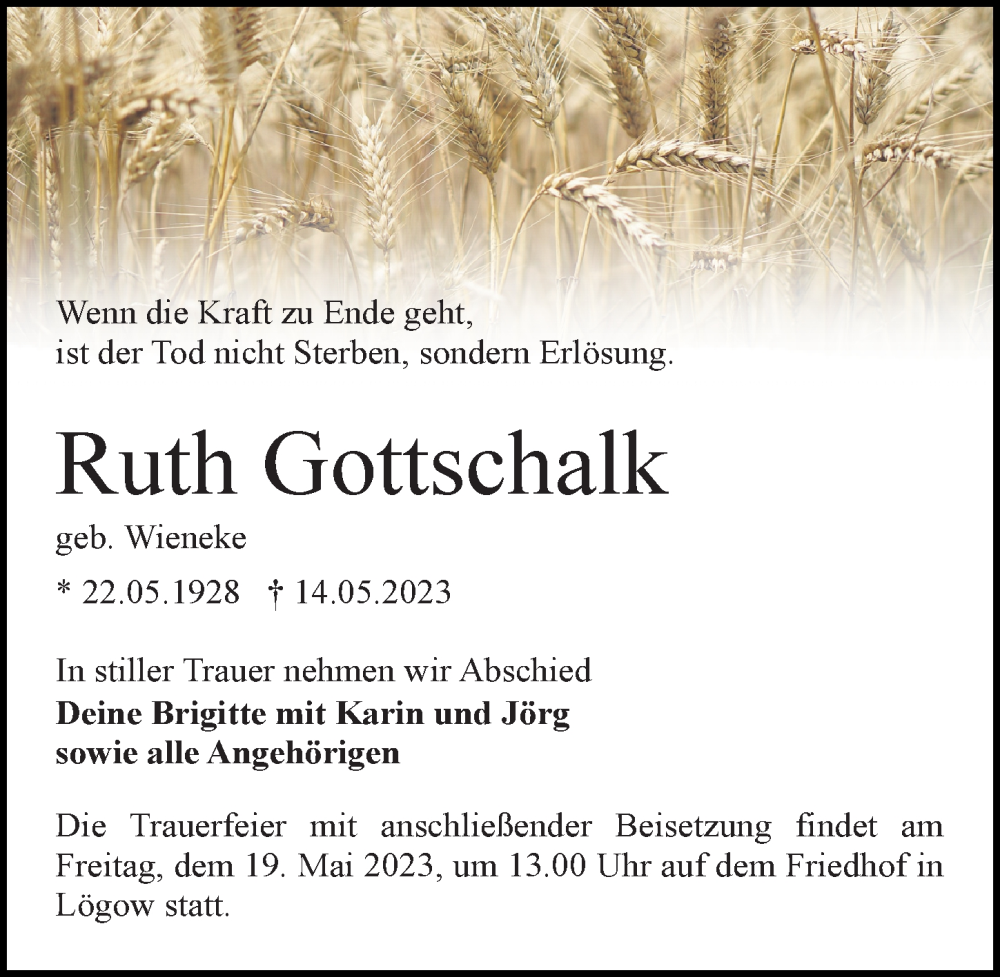  Traueranzeige für Ruth Gottschalk vom 16.05.2023 aus Märkischen Allgemeine Zeitung