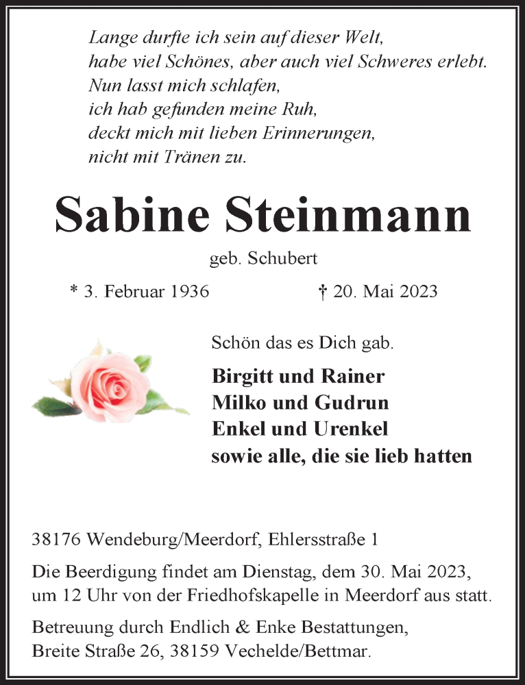  Traueranzeige für Sabine Steinmann vom 24.05.2023 aus Peiner Allgemeine Zeitung