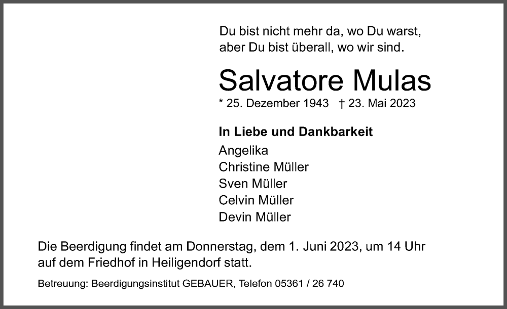  Traueranzeige für Salvatore Mulas vom 27.05.2023 aus Aller Zeitung