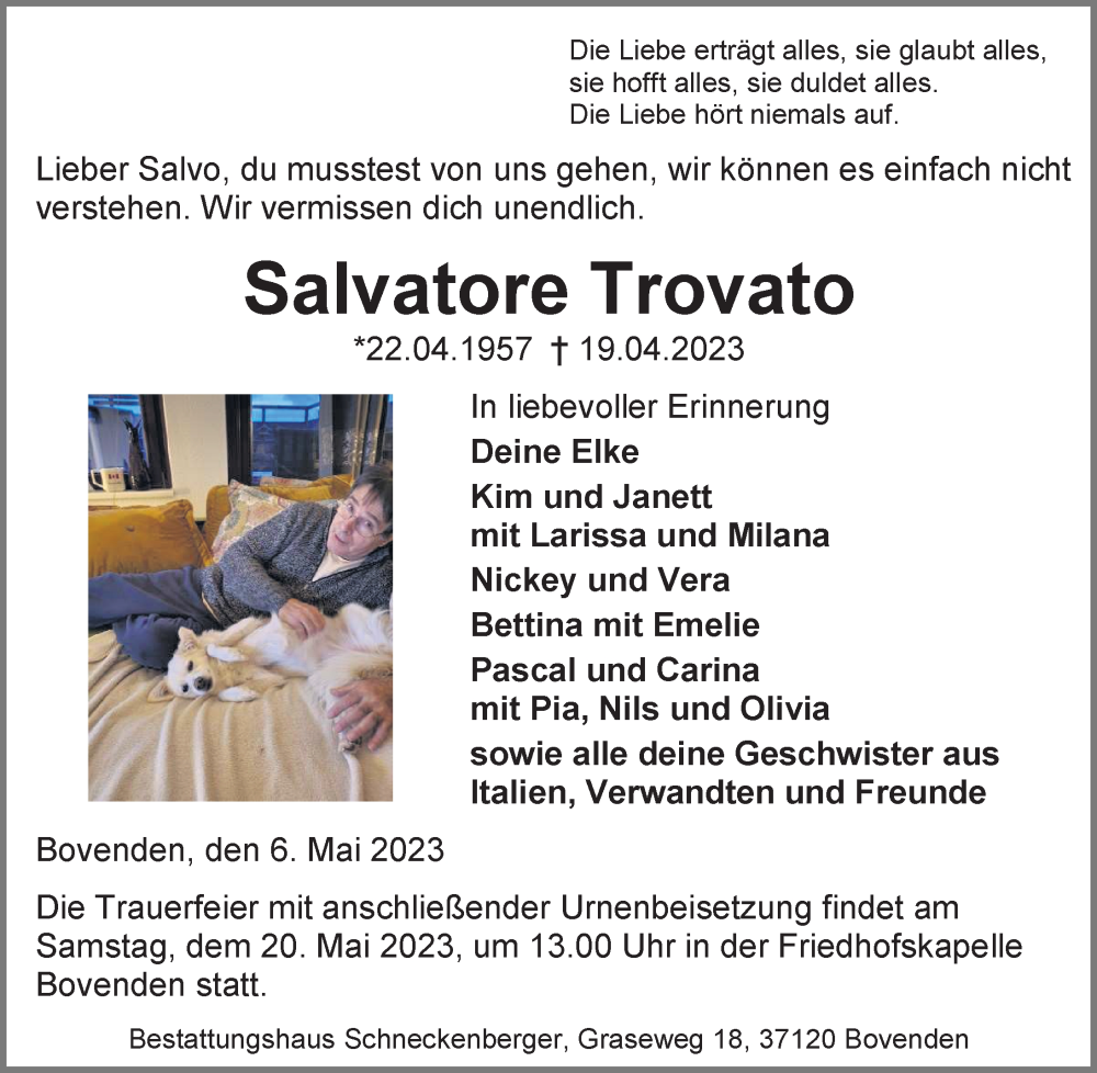  Traueranzeige für Salvatore Trovato vom 06.05.2023 aus Göttinger Tageblatt