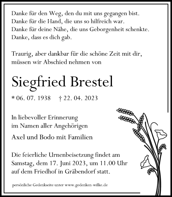 Traueranzeige von Siegfried Brestel von Märkischen Allgemeine Zeitung