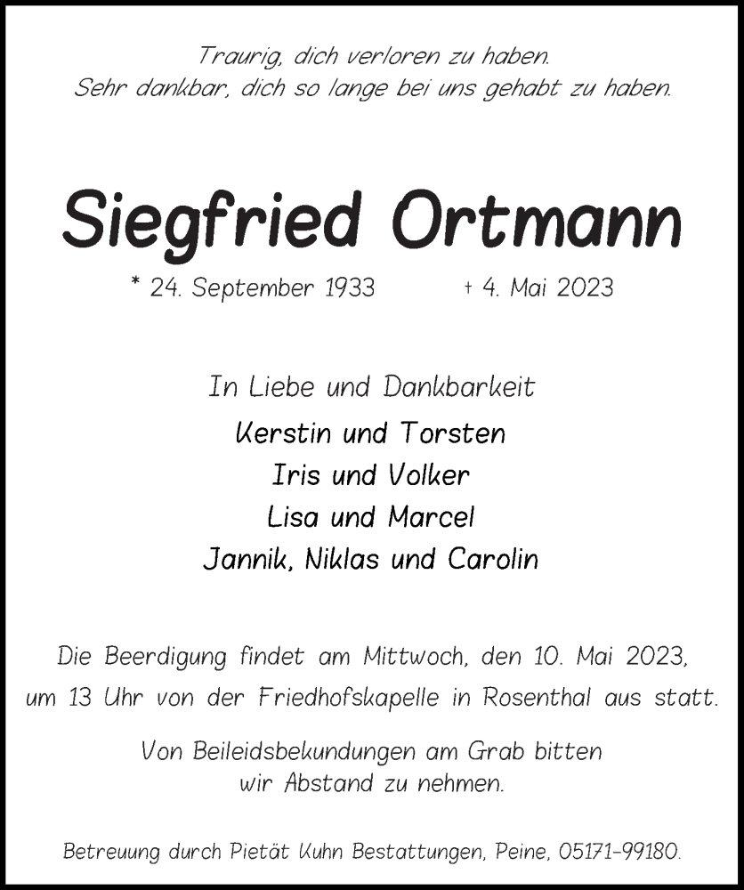  Traueranzeige für Siegfried Ortmann vom 06.05.2023 aus Peiner Allgemeine Zeitung