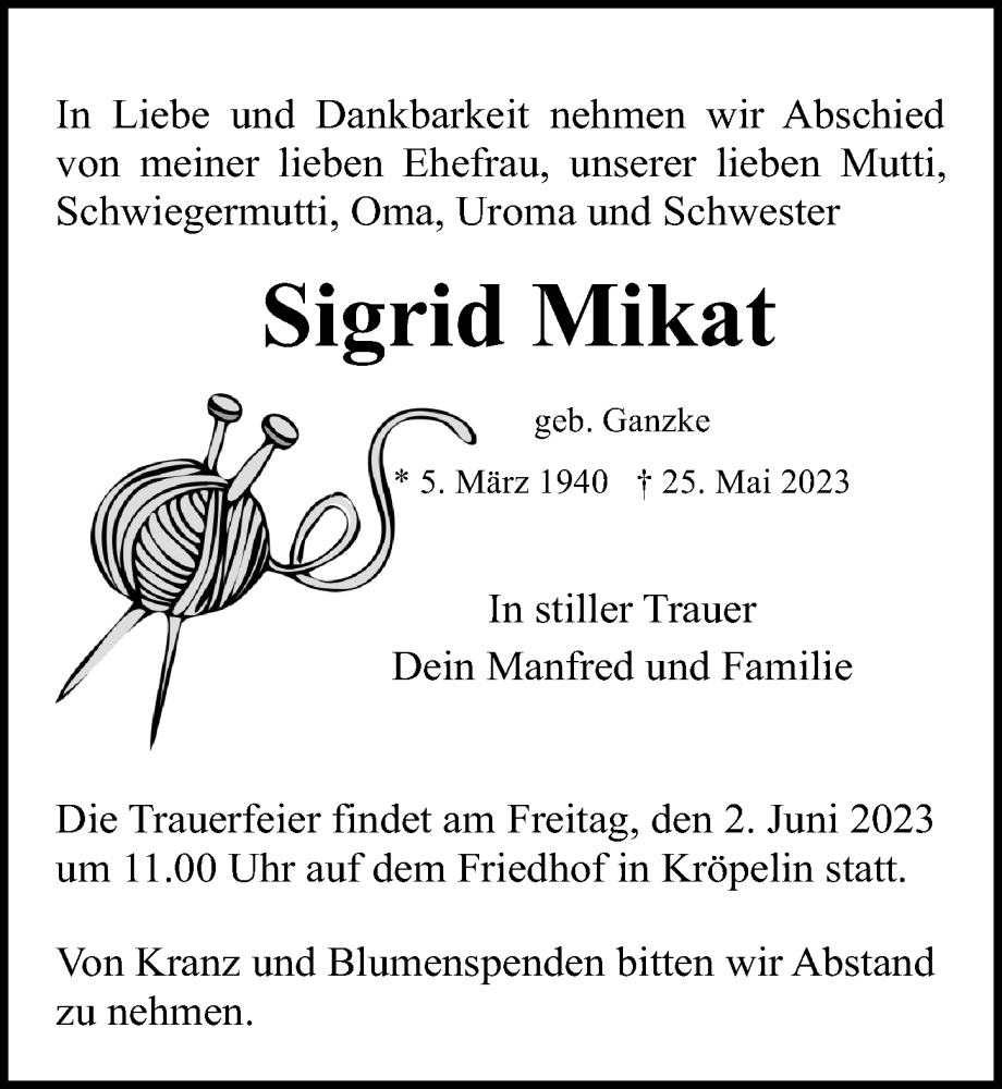 Traueranzeige für Sigrid Mikat vom 31.05.2023 aus Ostsee-Zeitung GmbH