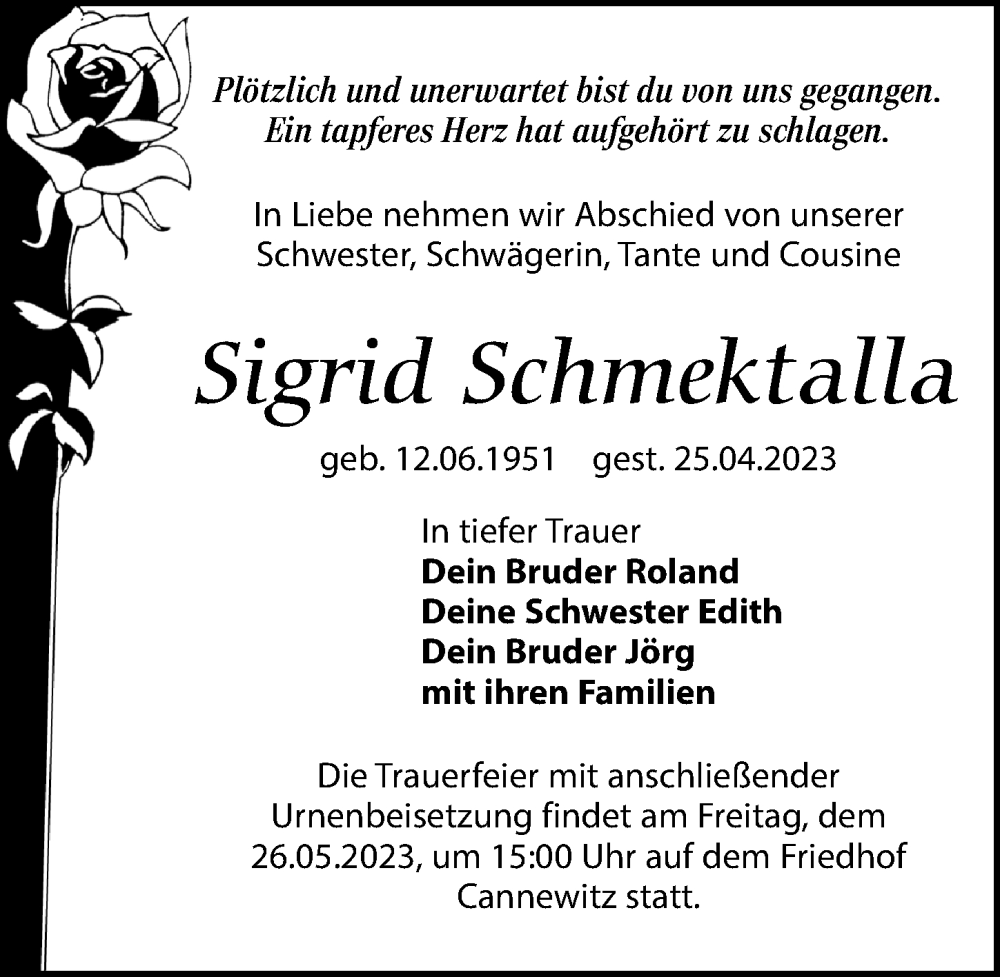  Traueranzeige für Sigrid Schmektalla vom 20.05.2023 aus Leipziger Volkszeitung