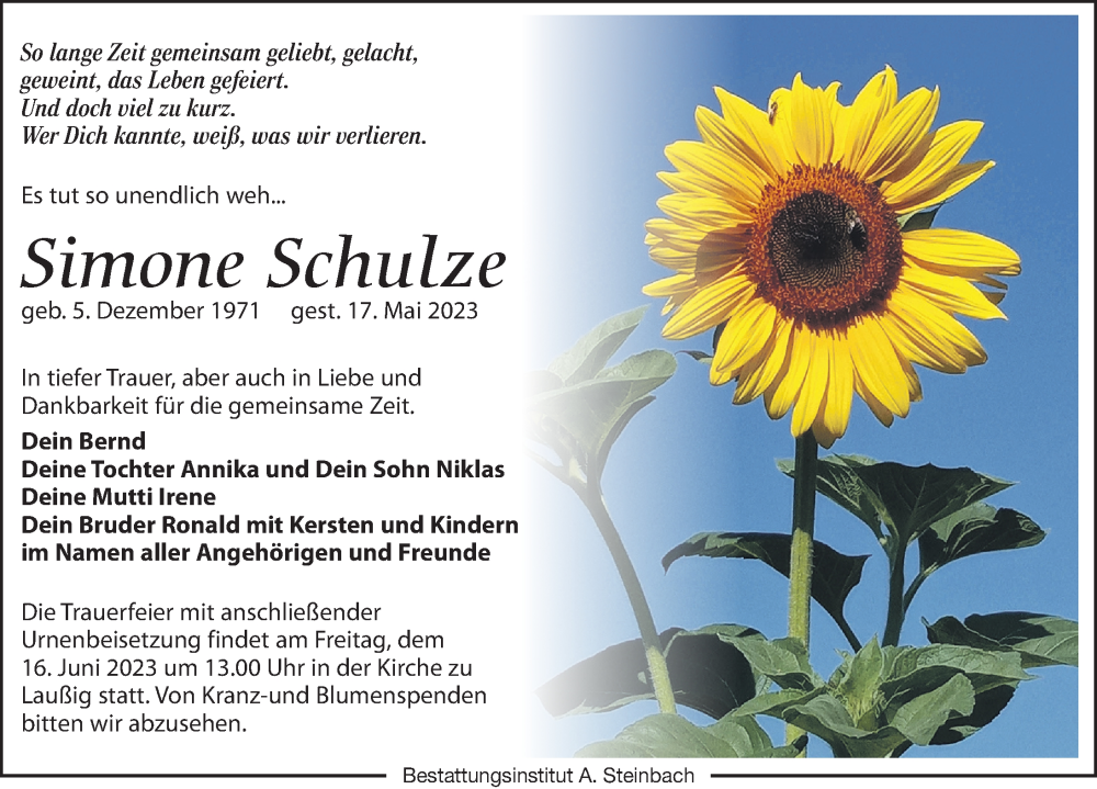  Traueranzeige für Simone Schulze vom 27.05.2023 aus Leipziger Volkszeitung