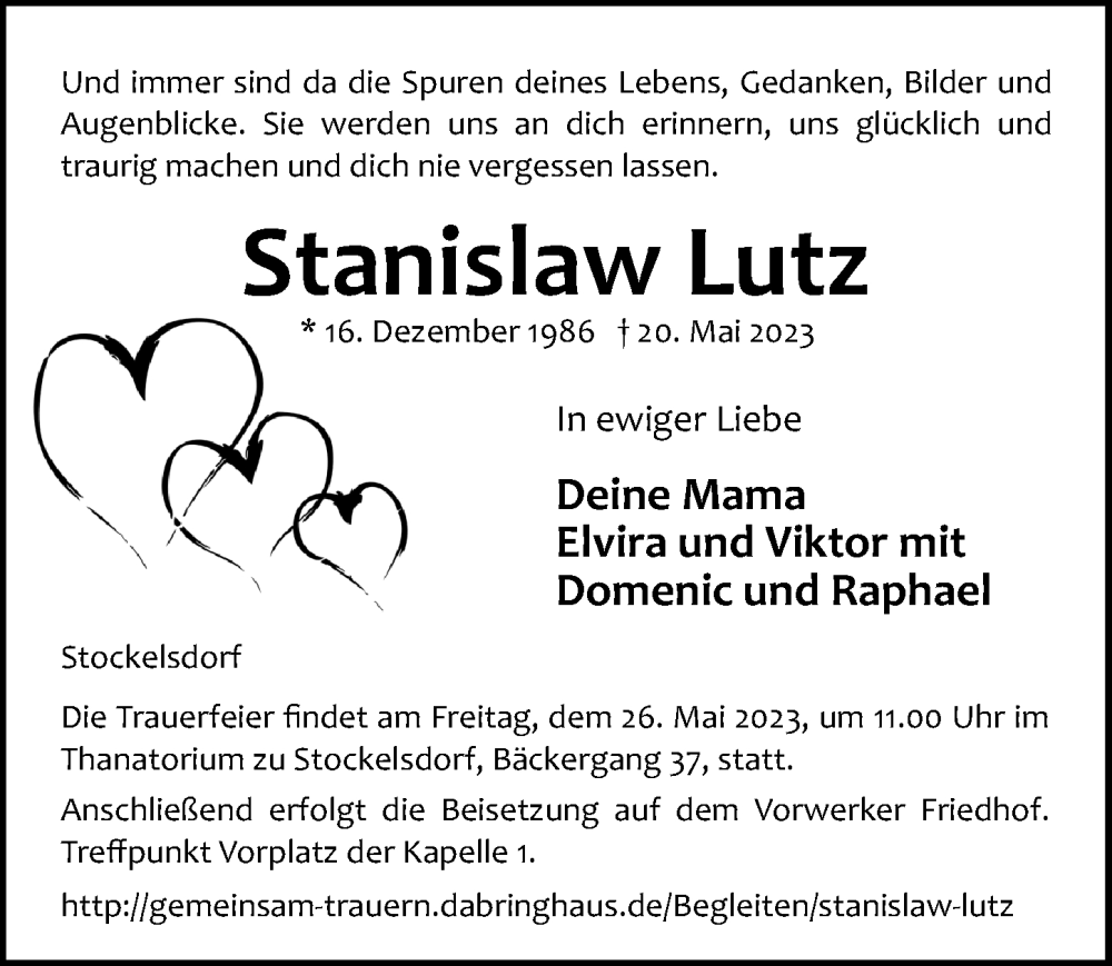  Traueranzeige für Stanislaw Lutz vom 24.05.2023 aus Lübecker Nachrichten