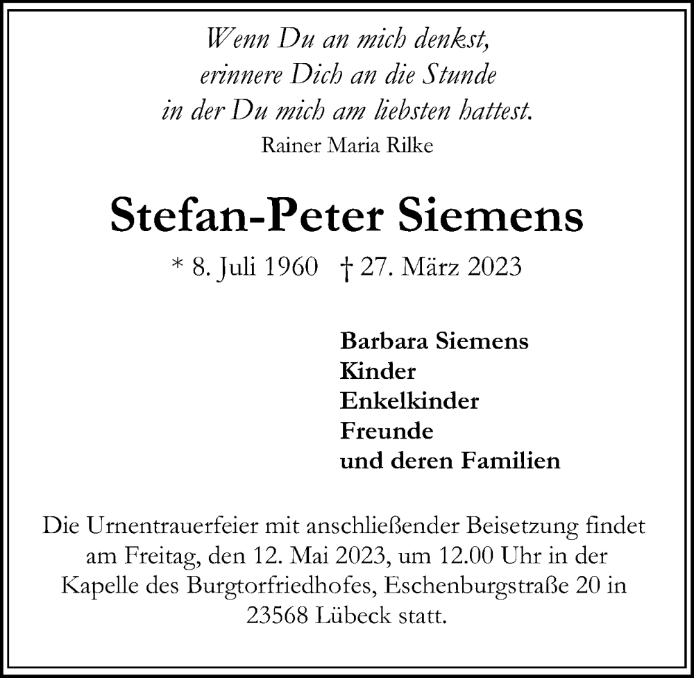  Traueranzeige für Stefan-Peter Siemens vom 30.04.2023 aus Lübecker Nachrichten