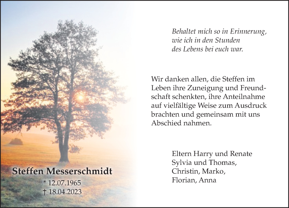  Traueranzeige für Steffen Messerschmidt vom 20.05.2023 aus Leipziger Volkszeitung