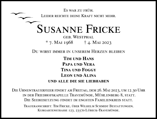 Traueranzeige von Susanne Fricke von Lübecker Nachrichten