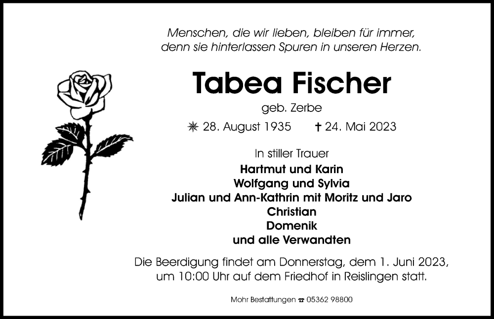  Traueranzeige für Tabea Fischer vom 27.05.2023 aus Aller Zeitung