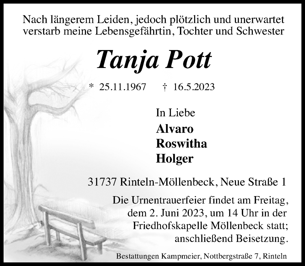  Traueranzeige für Tanja Pott vom 27.05.2023 aus Schaumburger Nachrichten