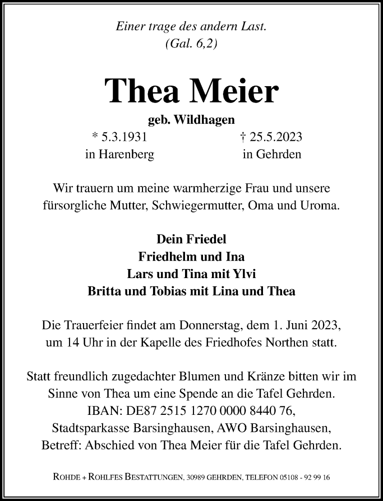  Traueranzeige für Thea Meier vom 31.05.2023 aus Hannoversche Allgemeine Zeitung/Neue Presse