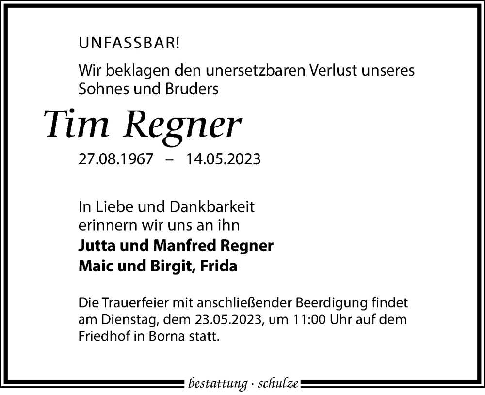  Traueranzeige für Tim Regner vom 20.05.2023 aus Leipziger Volkszeitung