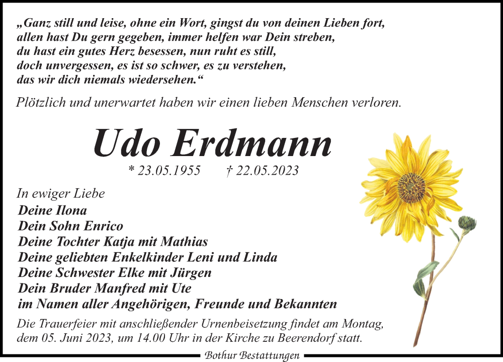  Traueranzeige für Udo Erdmann vom 27.05.2023 aus Leipziger Volkszeitung
