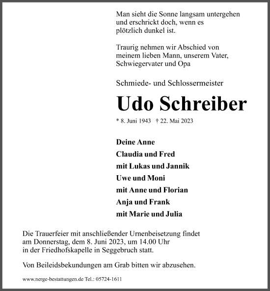 Traueranzeige von Udo Schreiber von Schaumburger Nachrichten