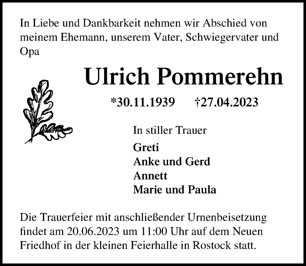  Traueranzeige für Ulrich Pommerehn vom 06.05.2023 aus Ostsee-Zeitung GmbH
