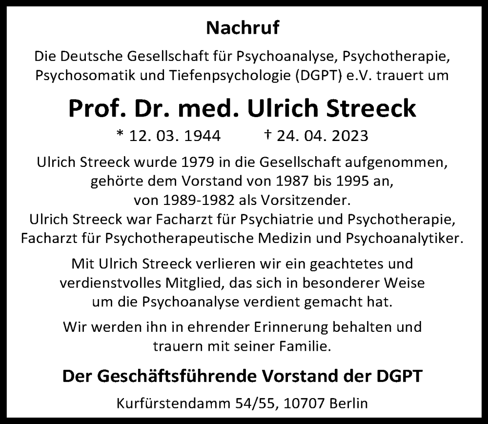  Traueranzeige für Ulrich Streeck vom 06.05.2023 aus Göttinger Tageblatt