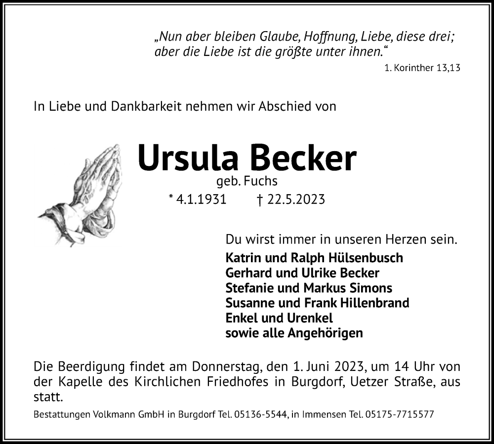  Traueranzeige für Ursula Becker vom 27.05.2023 aus Hannoversche Allgemeine Zeitung/Neue Presse