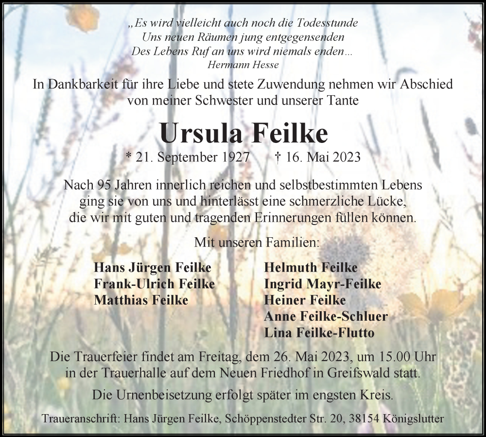  Traueranzeige für Ursula Feilke vom 23.05.2023 aus Ostsee-Zeitung GmbH