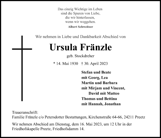 Traueranzeige von Ursula Fränzle von Kieler Nachrichten