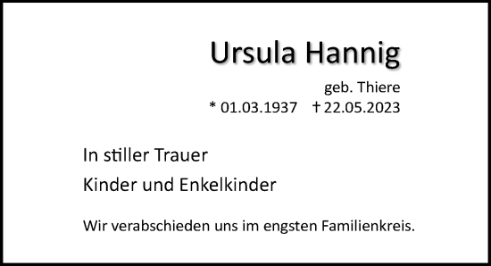 Traueranzeige von Ursula Hannig von Ostsee-Zeitung GmbH