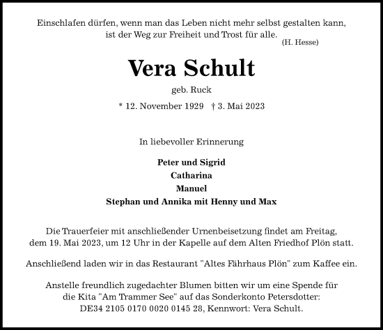 Traueranzeige von Vera Schult von Kieler Nachrichten