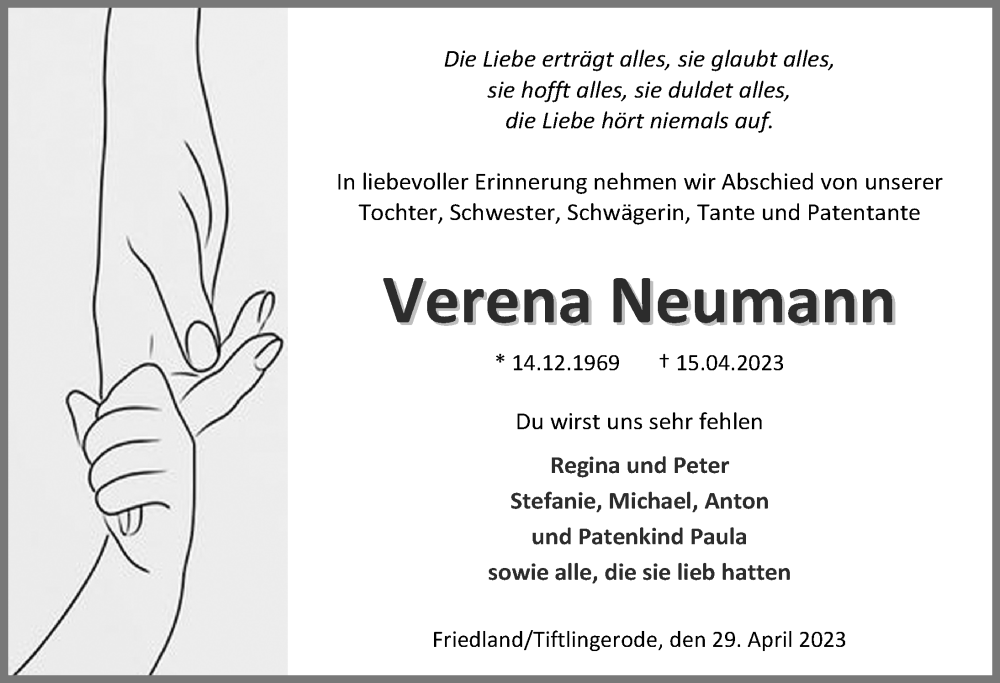  Traueranzeige für Verena Neumann vom 06.05.2023 aus Eichsfelder Tageblatt