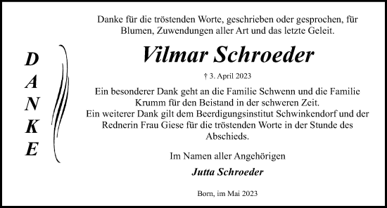 Traueranzeige von Vilmar Schroeder von Ostsee-Zeitung GmbH