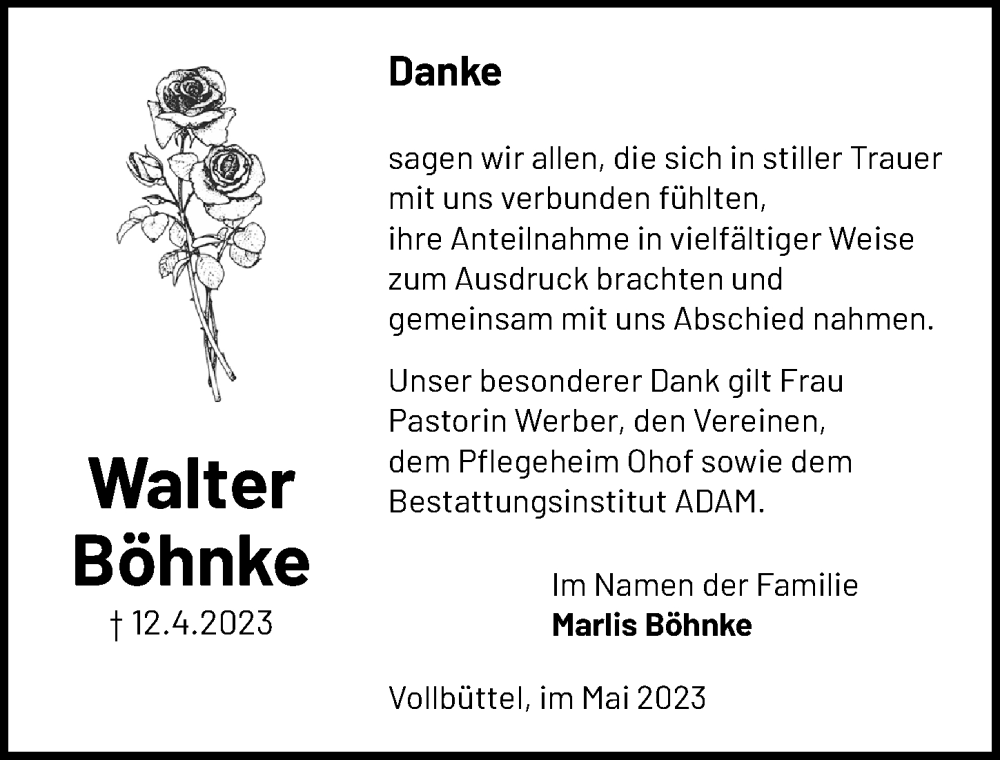 Traueranzeige für Walter Böhnke vom 27.05.2023 aus Aller Zeitung