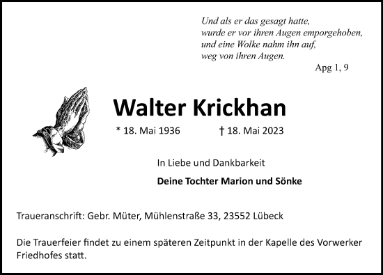 Traueranzeige von Walter Krickhan von Lübecker Nachrichten