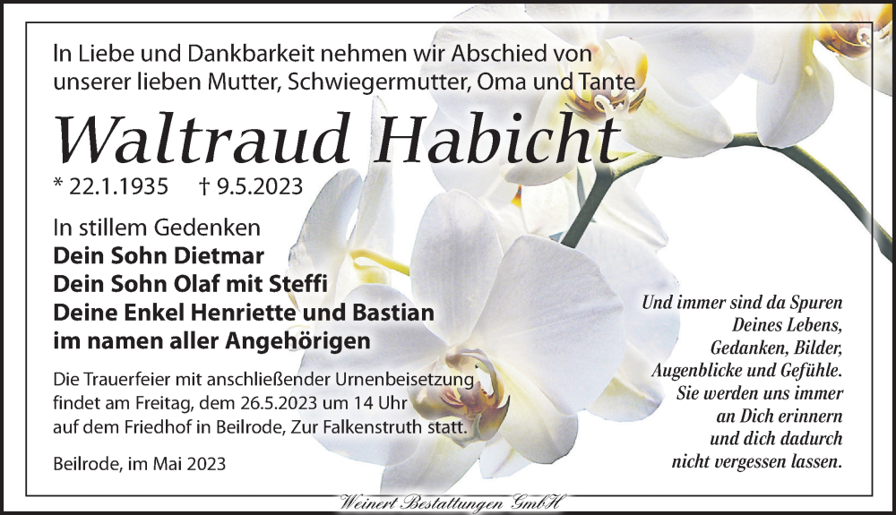  Traueranzeige für Waltraud Habicht vom 20.05.2023 aus Torgauer Zeitung