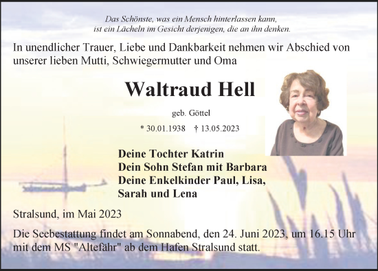 Traueranzeige von Waltraud Hell von Ostsee-Zeitung GmbH