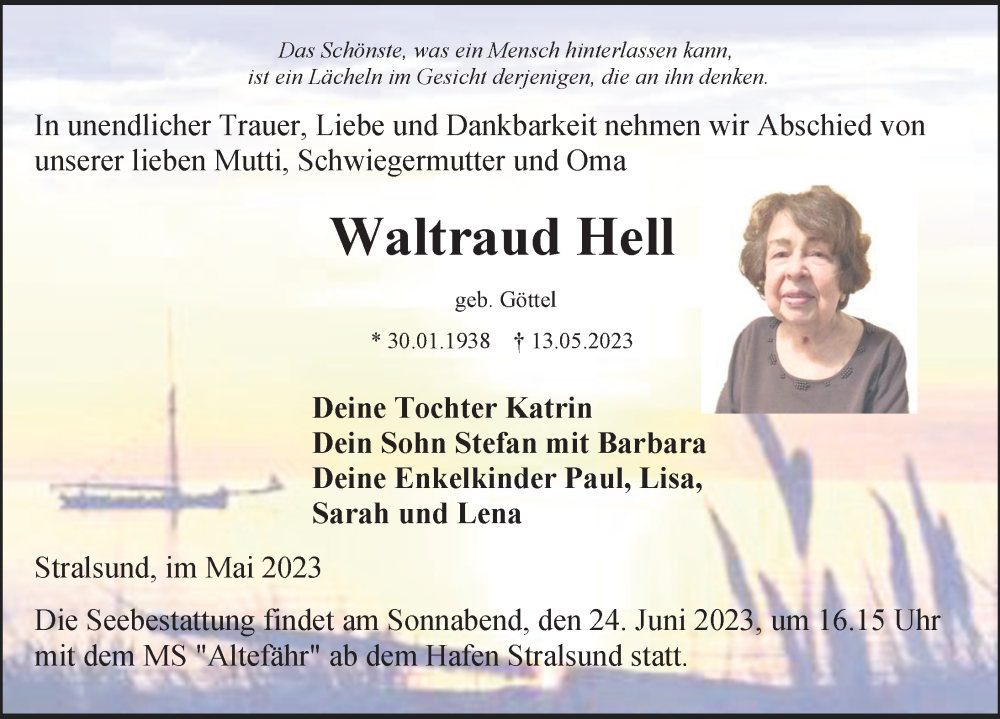  Traueranzeige für Waltraud Hell vom 27.05.2023 aus Ostsee-Zeitung GmbH