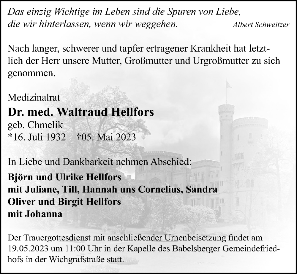  Traueranzeige für Waltraud Hellfors vom 10.05.2023 aus Märkischen Allgemeine Zeitung