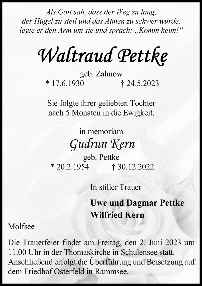  Traueranzeige für Waltraud Pettke vom 27.05.2023 aus Kieler Nachrichten