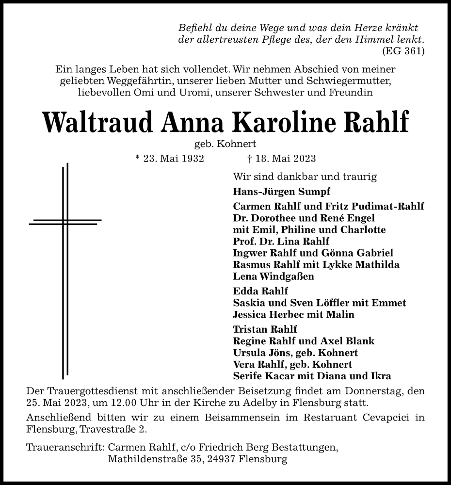  Traueranzeige für Waltraud Anna Karoline Rahlf vom 23.05.2023 aus Kieler Nachrichten