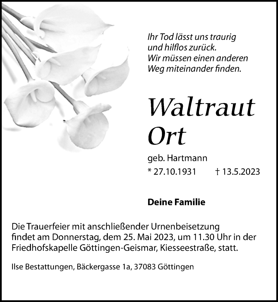  Traueranzeige für Waltraut Ort vom 20.05.2023 aus Göttinger Tageblatt