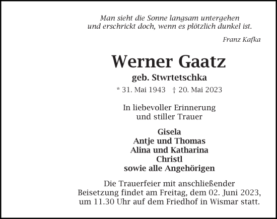 Traueranzeige von Werner Gaatz von Ostsee-Zeitung GmbH