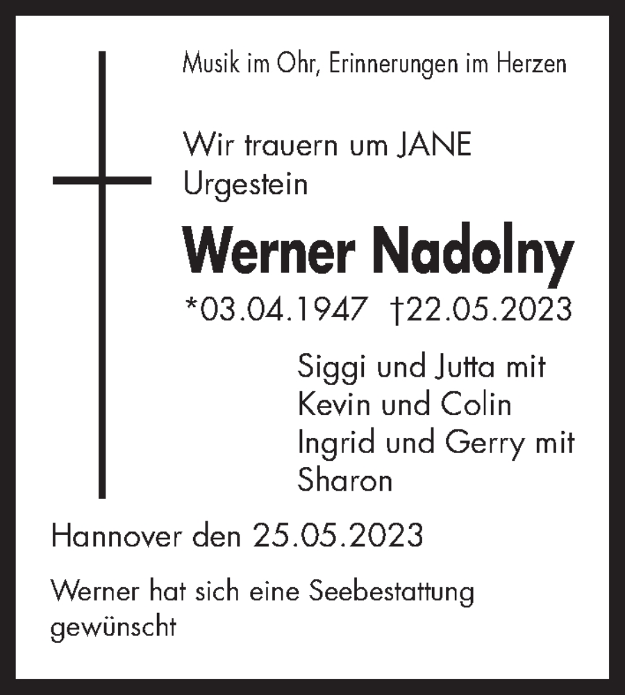  Traueranzeige für Werner Nadolny vom 27.05.2023 aus Hannoversche Allgemeine Zeitung/Neue Presse