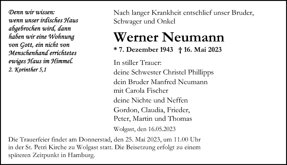  Traueranzeige für Werner Neumann vom 20.05.2023 aus Ostsee-Zeitung GmbH