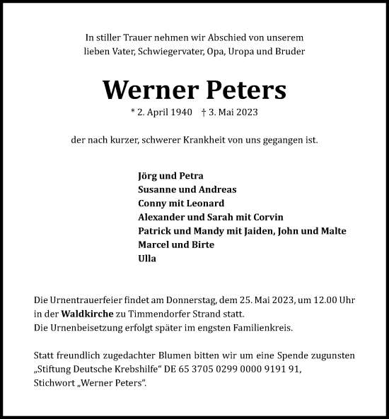 Traueranzeige von Werner Peters von Lübecker Nachrichten