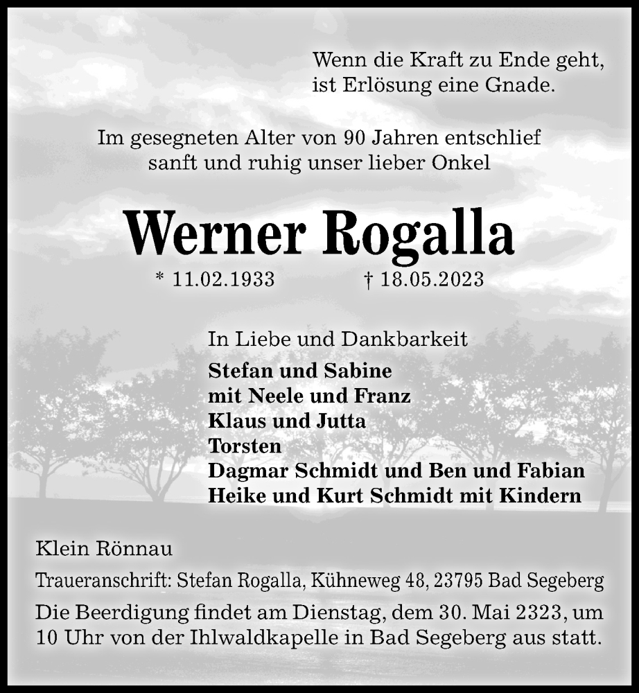  Traueranzeige für Werner Rogalla vom 24.05.2023 aus Kieler Nachrichten