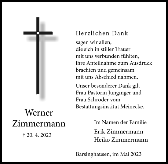 Traueranzeige von Werner Zimmermann von Hannoversche Allgemeine Zeitung/Neue Presse