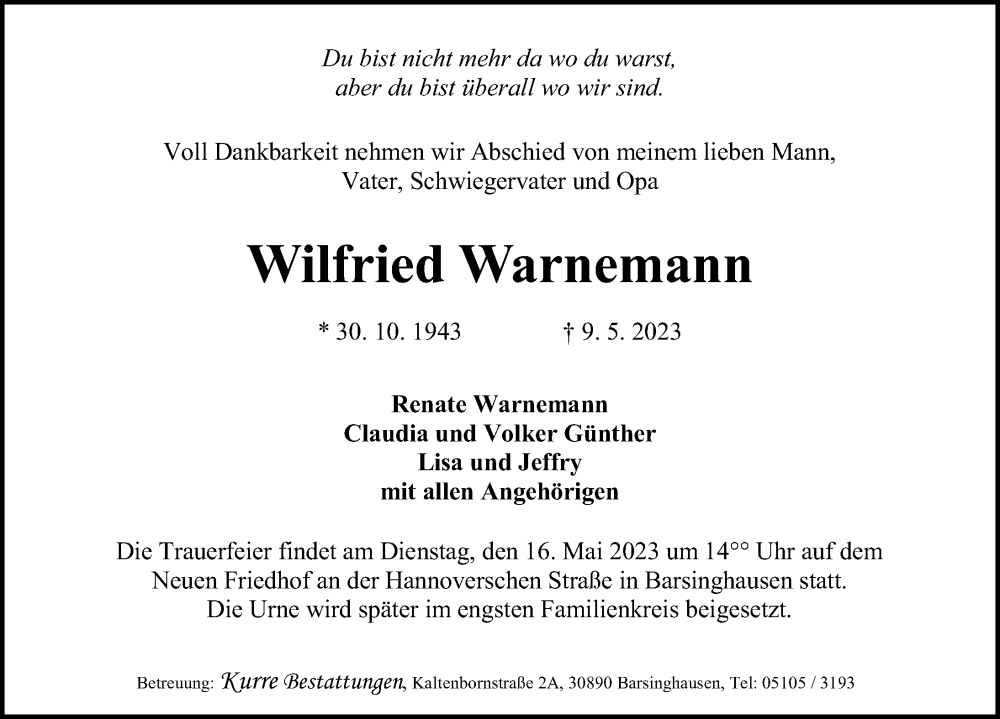  Traueranzeige für Wilfried Warnemann vom 13.05.2023 aus Hannoversche Allgemeine Zeitung/Neue Presse