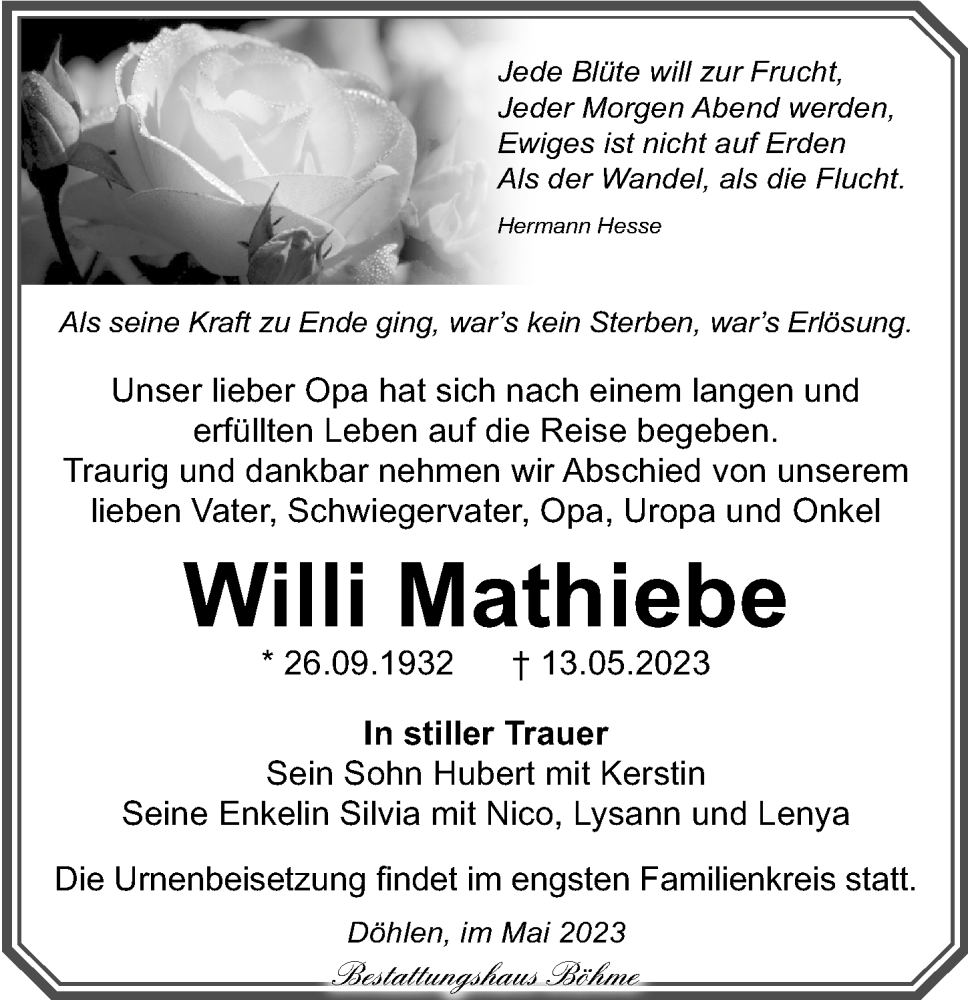  Traueranzeige für Willi Mathiebe vom 20.05.2023 aus Torgauer Zeitung